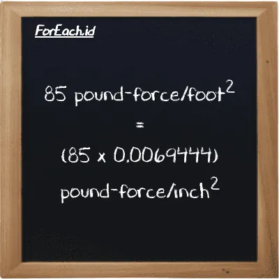 How to convert pound-force/foot<sup>2</sup> to pound-force/inch<sup>2</sup>: 85 pound-force/foot<sup>2</sup> (lbf/ft<sup>2</sup>) is equivalent to 85 times 0.0069444 pound-force/inch<sup>2</sup> (lbf/in<sup>2</sup>)